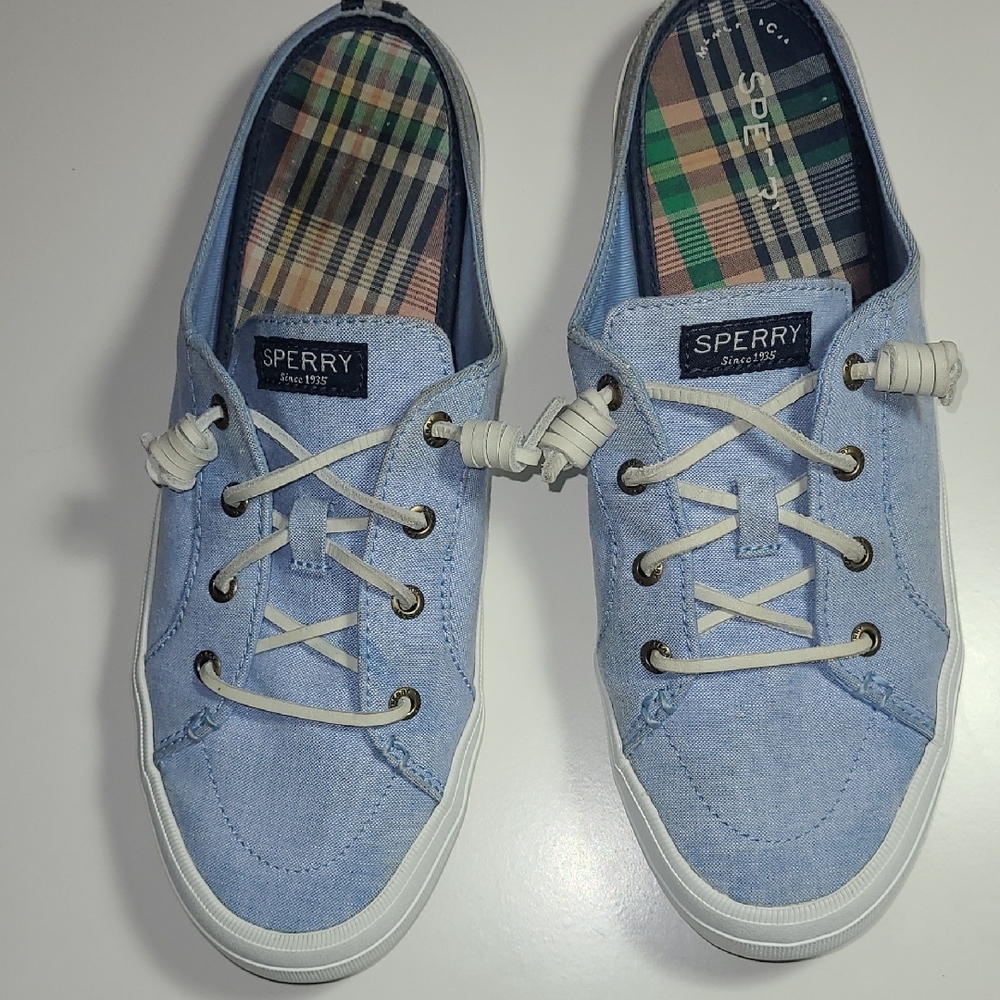 Sperry Light Blue Canvas Sneakers light blue pre owned good cond, stain in front
